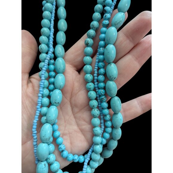 34" Multi 4 STrand Layered Faux Turquoise Beads Statement Necklace Long Extender - Picture 4 of 5